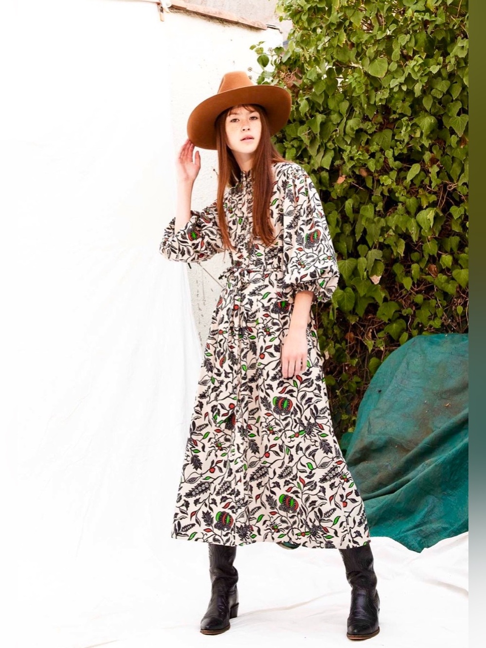 Love the Label Lola Floral Puff Sleeve Belted Midi 100% Cotton Dress XS*